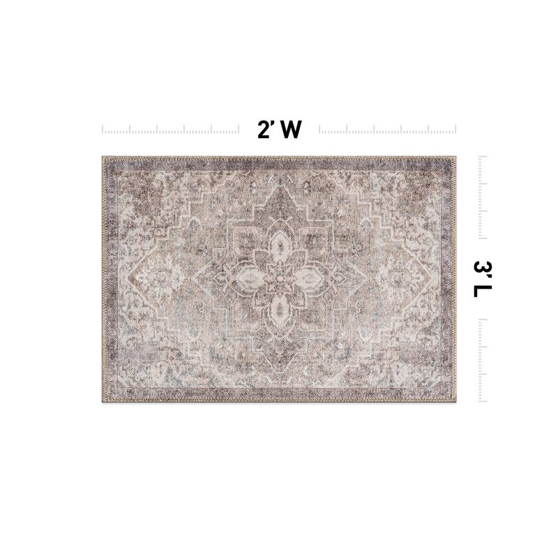 Beige Floral Medallion Washable Rug - Low Pile, Non-Slip