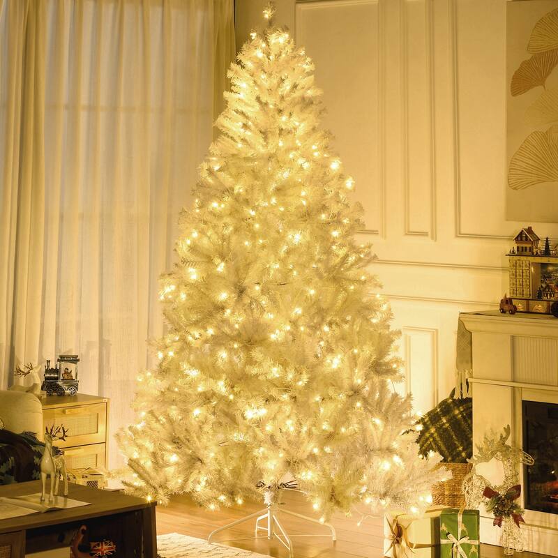 7.5ft Prelit Christmas Tree with Warm LED Lights and Auto-Open Design, White Snow Flocked