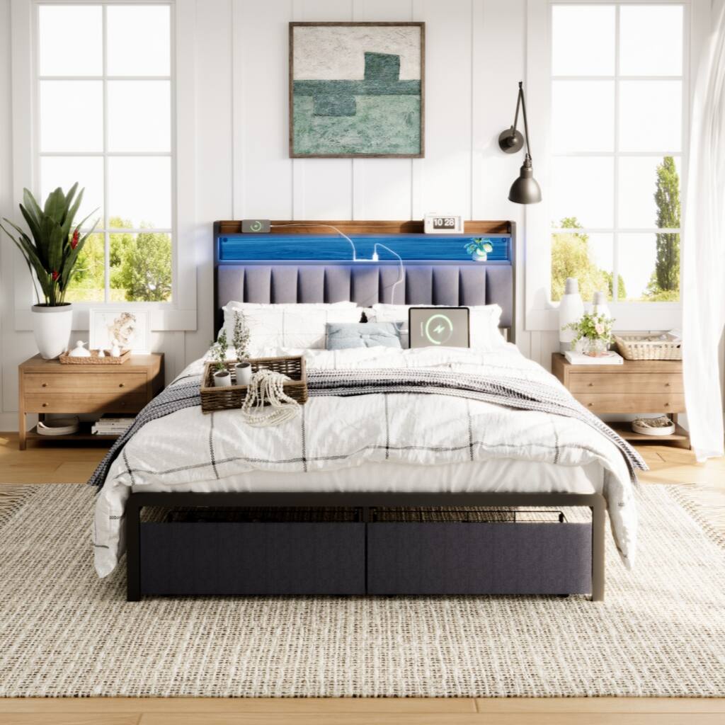 Queen Bed Frames with Storage Headboard and Drawers