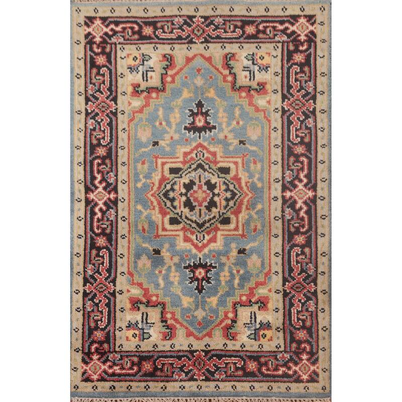 Light Blue Traditional Heriz-Serapi Foyer Rug Hand-Knotted Wool Carpet - 3'1"x 5'0"