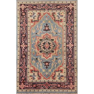Light Blue Traditional Heriz-Serapi Foyer Rug Hand-Knotted Wool Carpet - 3'1"x 5'0"