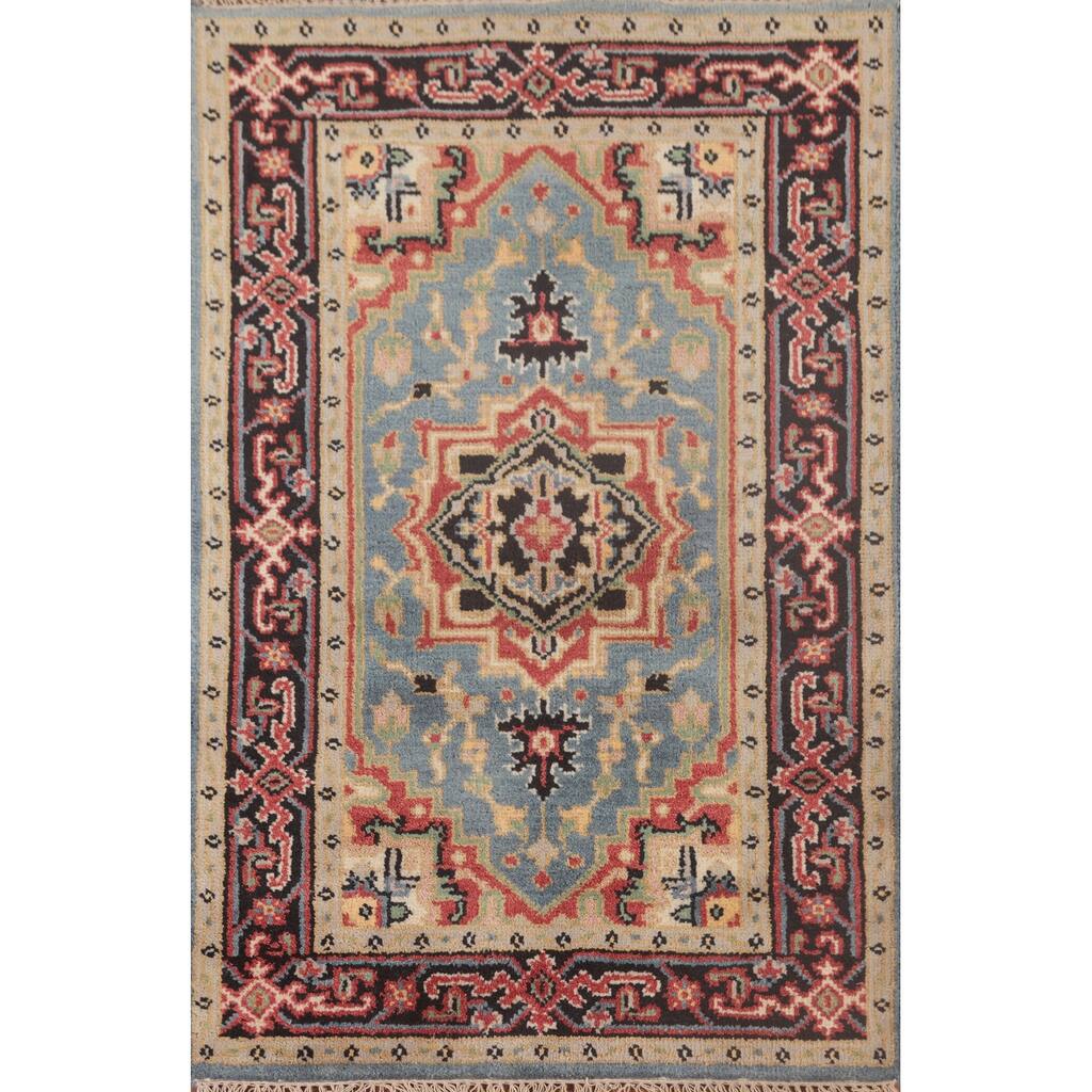 Light Blue Traditional Heriz-Serapi Foyer Rug Hand-Knotted Wool Carpet - 3'1"x 5'0"