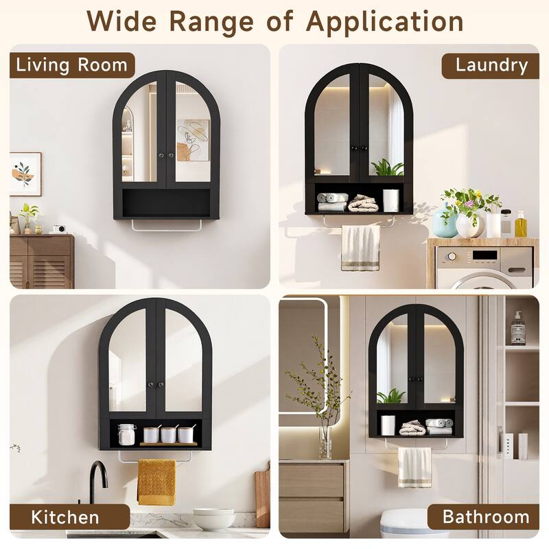 Wall Mounted Arched Cabinet with Mirrored Doors and Adjustable Shelves for Laundry Room, Bathroom, Kitchen