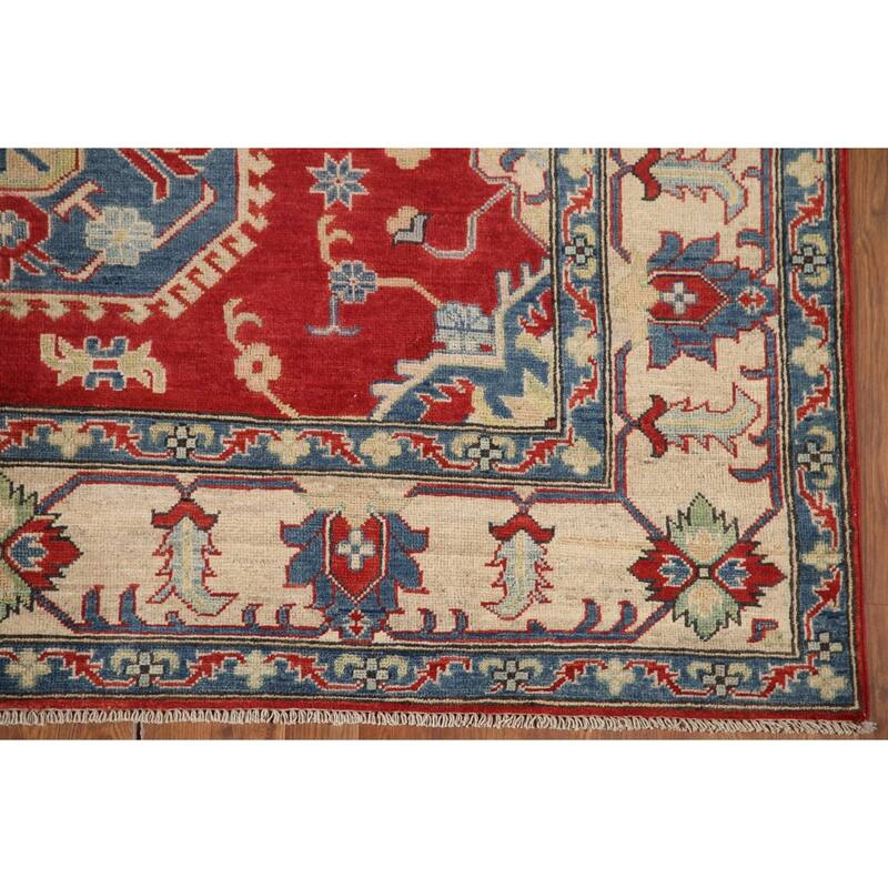 Hand Knotted Oriental 100% Wool Carpet Traditional Geometric Red Kazak Area Rug - 9' 7'' X 6' 7''