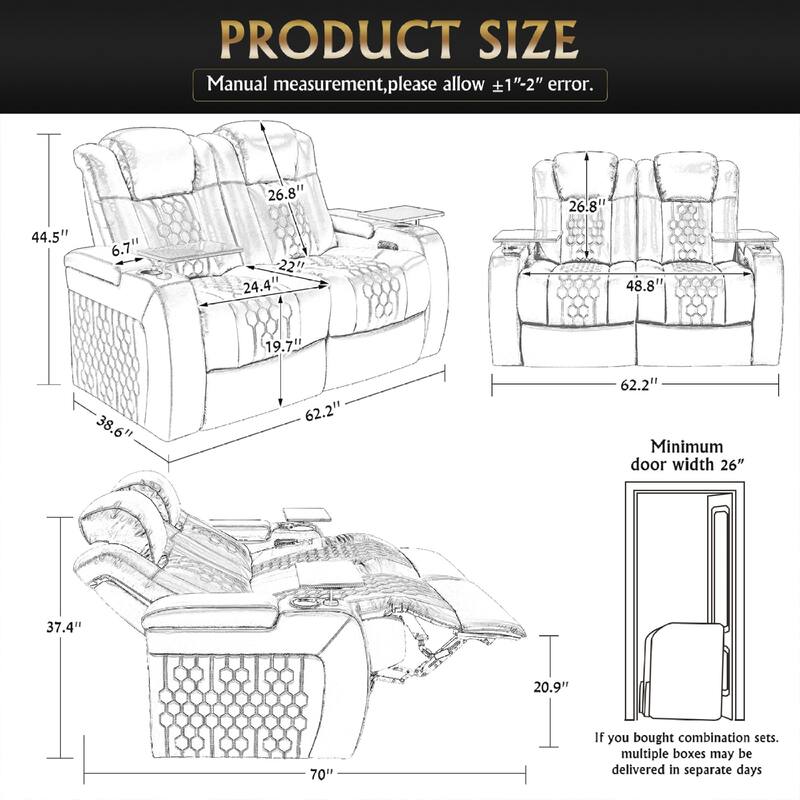Roomfitters 62" Power Recliner Set (2-Piece), Top-Grain Nappa 11000 Leather, RGB LED & USB-C Charging, Black