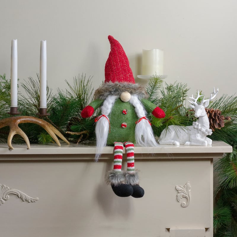 25" Red Green and White Sitting Tabletop Female Gnome Christmas Decoration