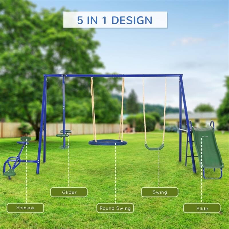 Steel Kids Swing Set with Slide, Glider and Teeter-Totter - 157.5" L x 113" W x 71.75" H