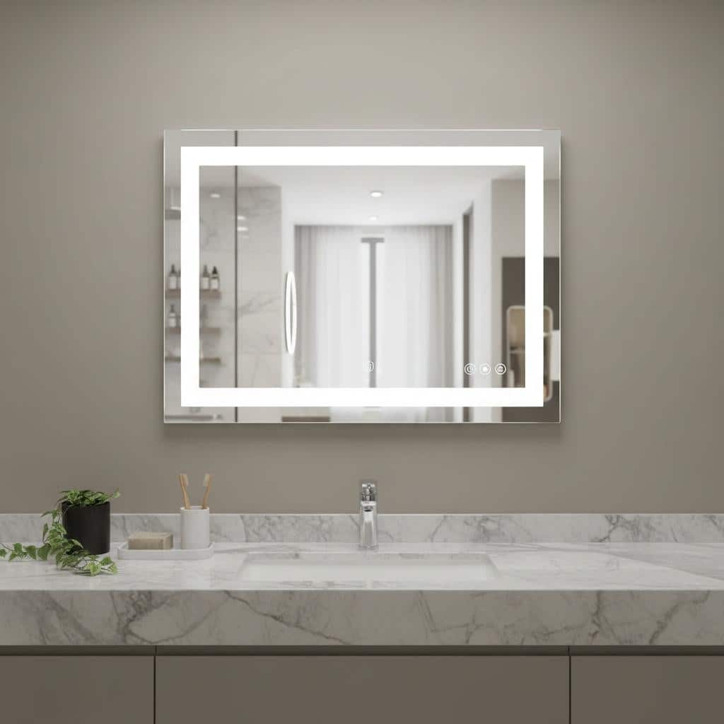 HomeRoots 27" Lighted Frameless Anti Fog Bathroom Vanity Mirror - 35.30 in. x 27.40 in. x 1.20 in.