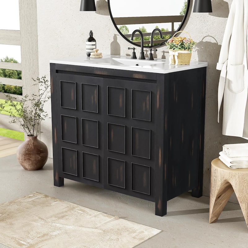 GDFStudio - Elysia Wood Bathroom Vanity with Ceramic Sink & Storage Cabinet Organizer - 36" - Retro Espresso