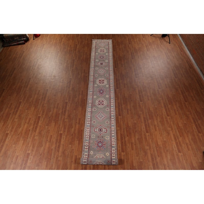 Geometric Kazak Runner Rug Handmade Hallway Wool Carpet - 2'8" x 19'5"