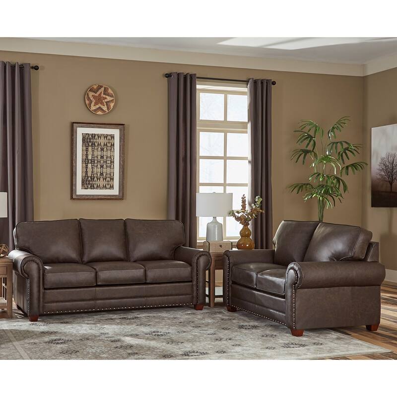 Made in USA Raval Top Grain Leather Sofa Bed and Loveseat Set - Distressed Brown