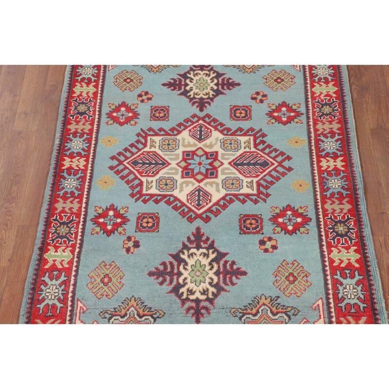 Light Blue Geometric Kazak Foyer Rug Hand-Knotted Oriental Wool Carpet - 3'5" x 4'10"