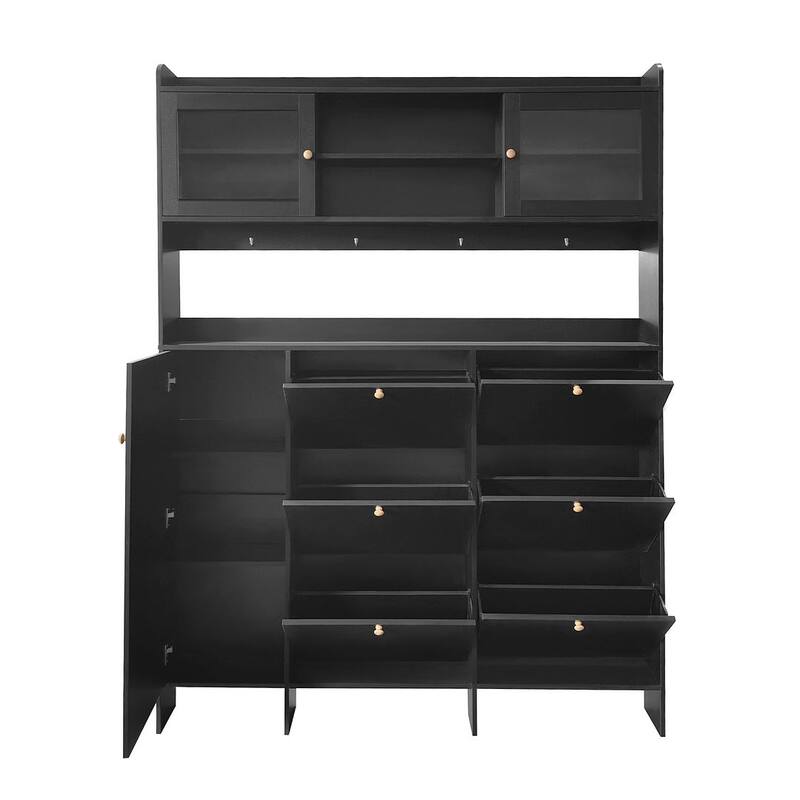 Hall Tree and Shoe Storage Bench with Flip Drawers and Doors