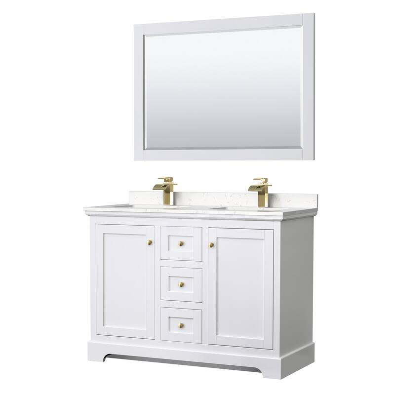 Wyndham Collection Avery 48" Free Standing Double Basin Vanity Set - White / Carrara Cultured Marble Top / Brushed Gold