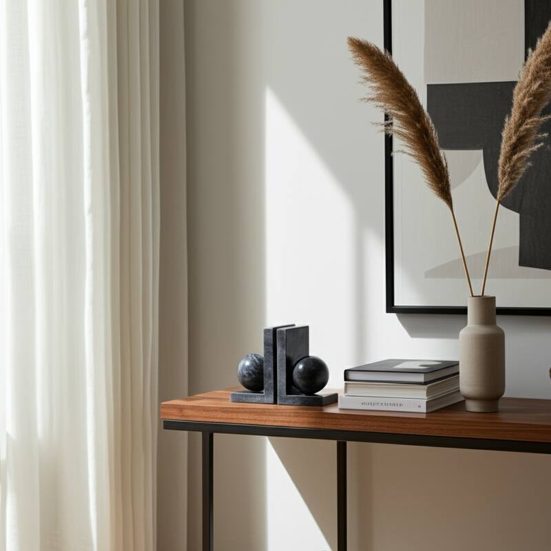 Stone Bookends Decorative L-Shaped with Geometric Sphere (Set of 2) - 4" x 3" x 6"
