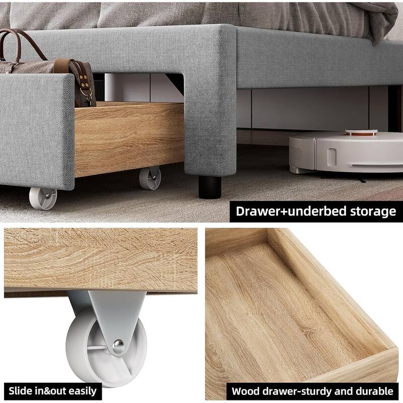 Upholstered Platform Bed with Storage Headboard, Drawer & Charging Station, Wood Slat Support