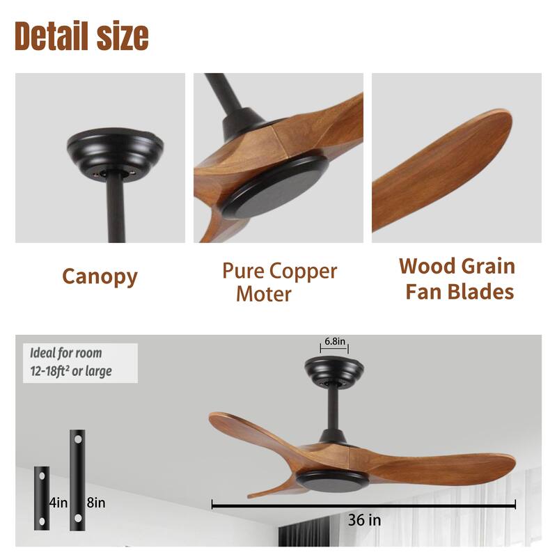 36" Wood Ceiling Fan NO light, 3 Reversible Blades, with 6 Speeds Reversible DC Motor, Low Profile Ceiling Fan with no light