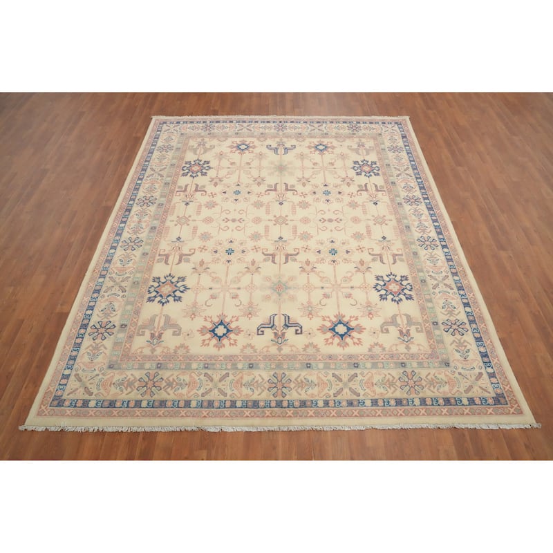 Hand Knotted Oriental 100% Wool Carpet Traditional Geometric Beige & Ivories Kazak Area Rug - 9' 11'' X 8' 2''