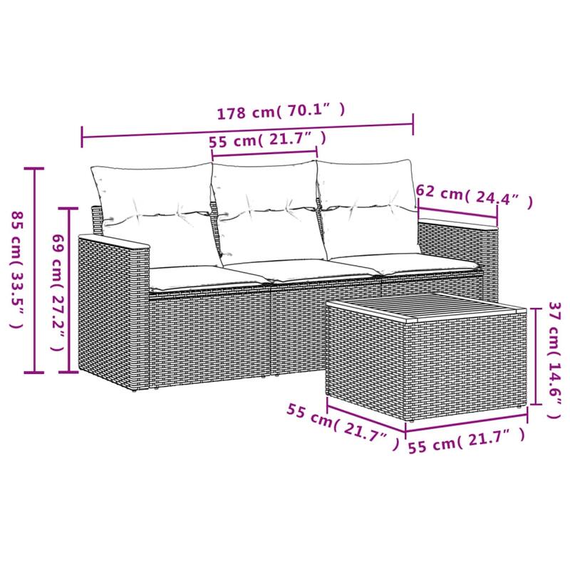 vidaXL Patio Sofa Set with Cushions Outdoor Conversation Furniture Poly Rattan - 21.7x 24.4x 27.2