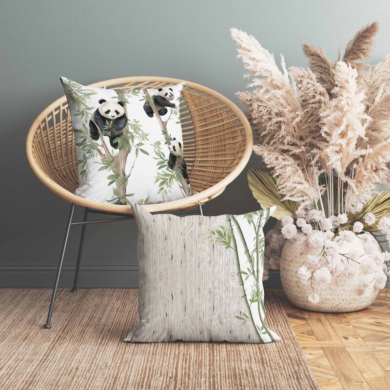 Climbing Panda Faux Suede Reversible Throw Pillow Beige and Green