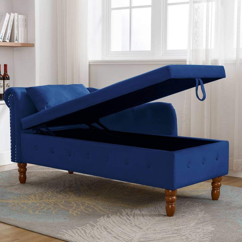 Velvet Lounge Chair for Bedroom with Storage & Pillow,Modern Upholstered Rolled Arm Chase Lounge for Sleeping