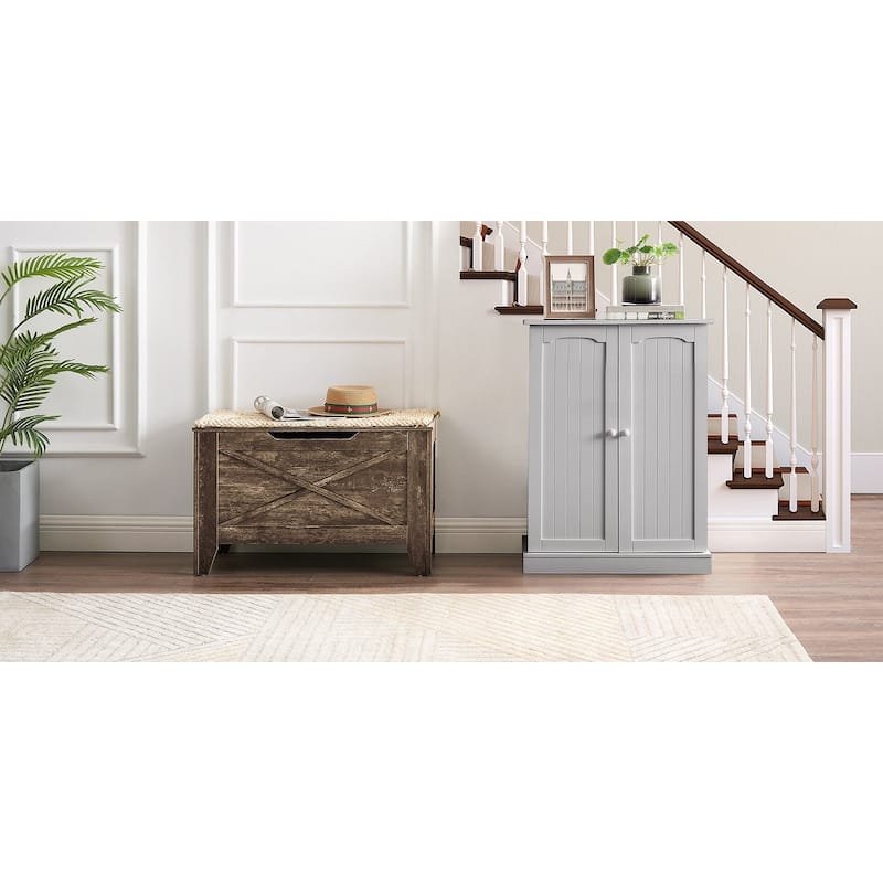 VECELO Storage Bench, Wooden Chest for Storage with Wicker Mat Safety Hinges Entryway Shoe Bench Storage Trunk(Set of 2)