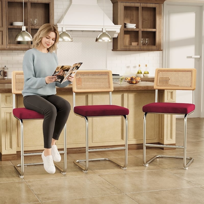 26" Counter Height Bar Stool with Velvet Upholstered Seat and Woven Rattan-Style Back - 26" H