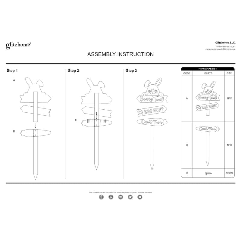 Glitzhome Easter Metal Bunny Yard Stake Wall Decors Standing Sign