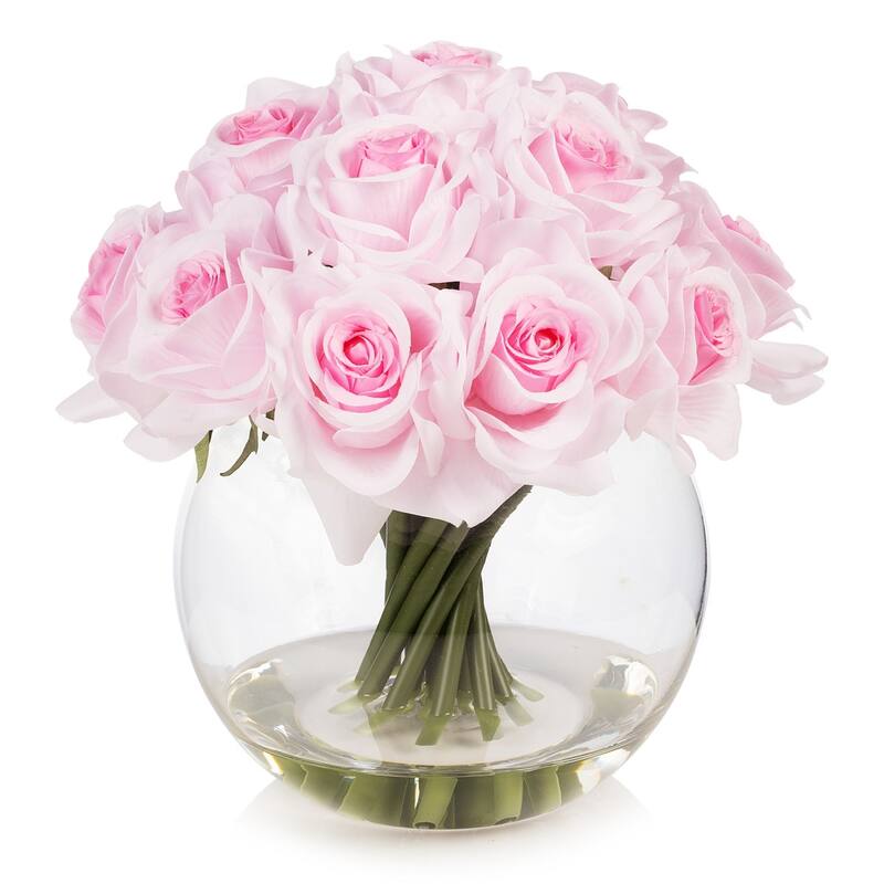 Enova Home 16 Heads Artificial Silk Rose Flowers in Round Glass Vase With Faux Water For Home Wedding Decoration - light pink