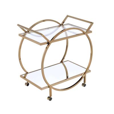 Metal Serving Cart with Tempered Glass Shelves and Tubular Angled Handles, Gold and Clear