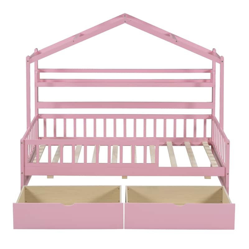 Twin/Full Size Kids House Bed with Storage Drawers and Shelf, Wooden Playhouse Bed with Roof Design