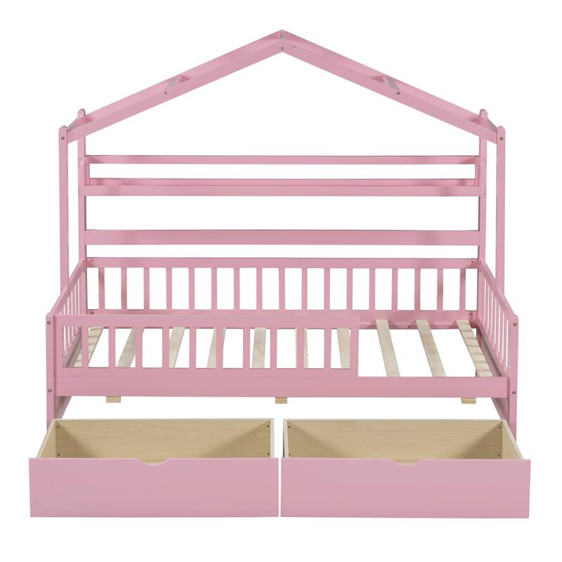 Wood House Bed with 2 Drawers, Kids Bed with Storage Shelf