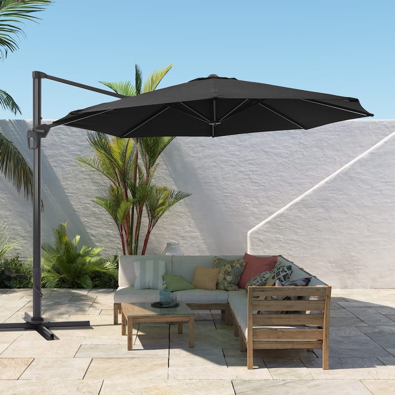 BONOSUKI 11FT LED Cantilever Patio Umbrella 360 Rotation w/Cross Base - Black