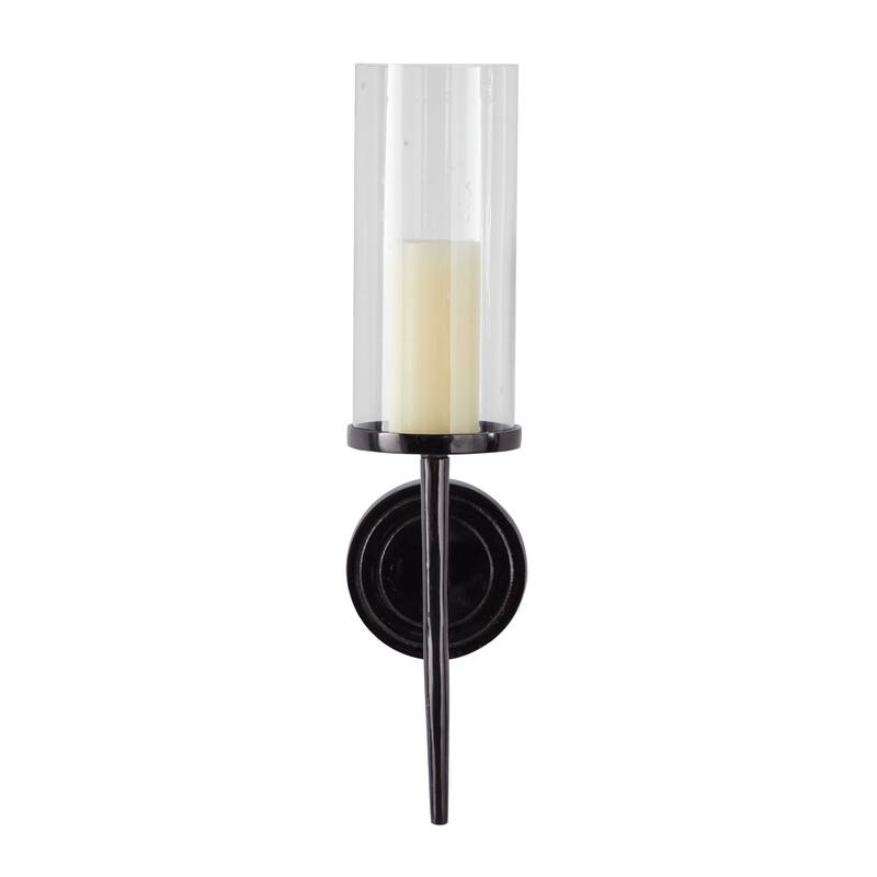 Aluminum Metal Single Candle Wall Sconce with Circle Backing - Silver, Gold, Black - Roche River Decor - Black