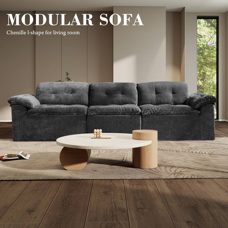 Rossetta 3-Seater Luxury Cloud Chenille Modular Sofa with Adjustable Footrest - Grey