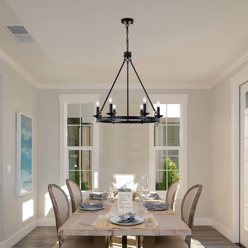 Leontia 25 Inch Mid-Century Modern Wagon Wheel Style Matte Black Finish Ceiling Lighted Candle Chandelier 6-Light