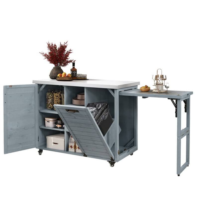 78.3" Outdoor Kitchen Island with Extendable Table, Trash Can Storage and Stainless Steel Top for BBQ Cooking