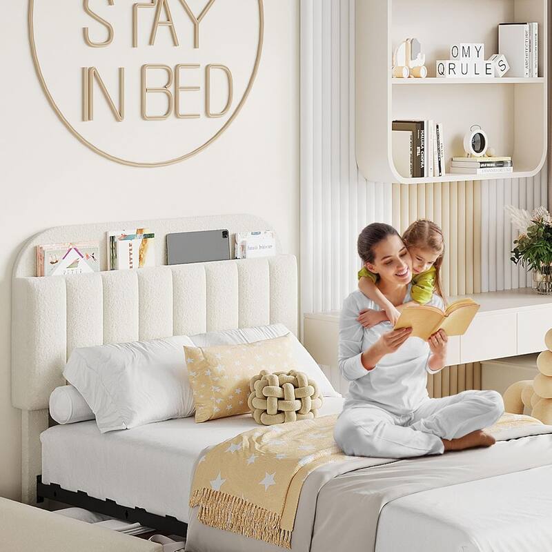 Bed Frame with 2 Drawers, Boucle Upholstered
