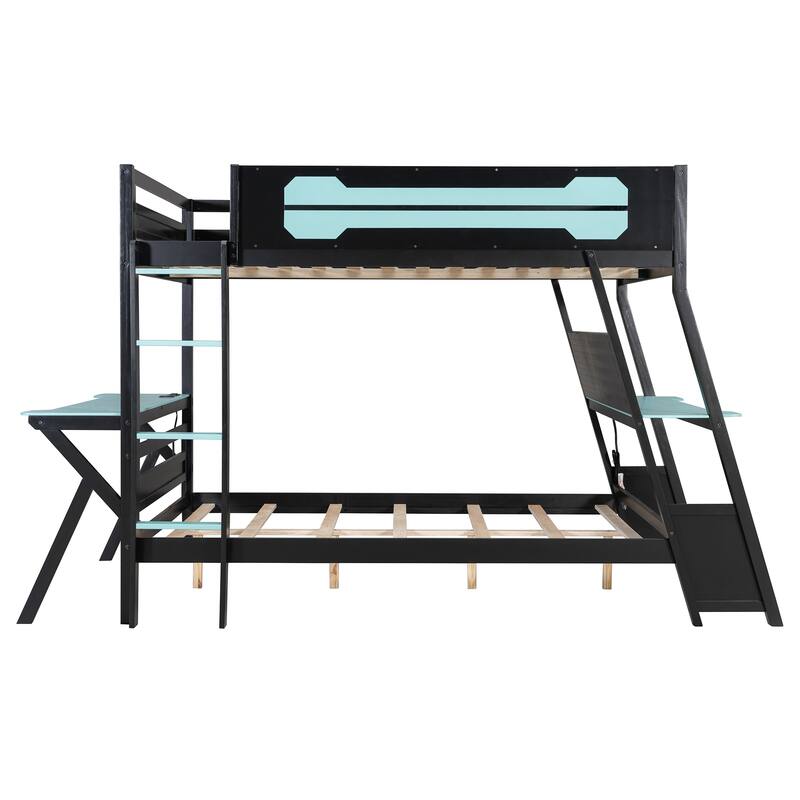 Roomfitters Full Size Bunk Bed with Two Built-In Gaming Desks, USB Ports and Pegboard