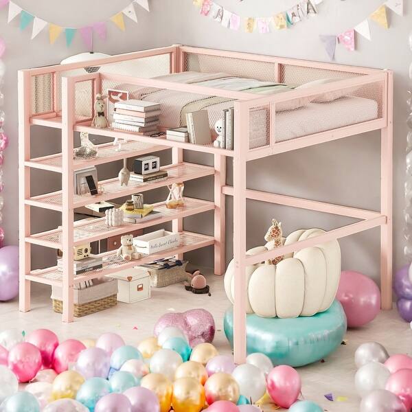 slide 2 of 9, Full Size Metal Loft Bed with 4-Tier Shelves and Storage for Home Pink
