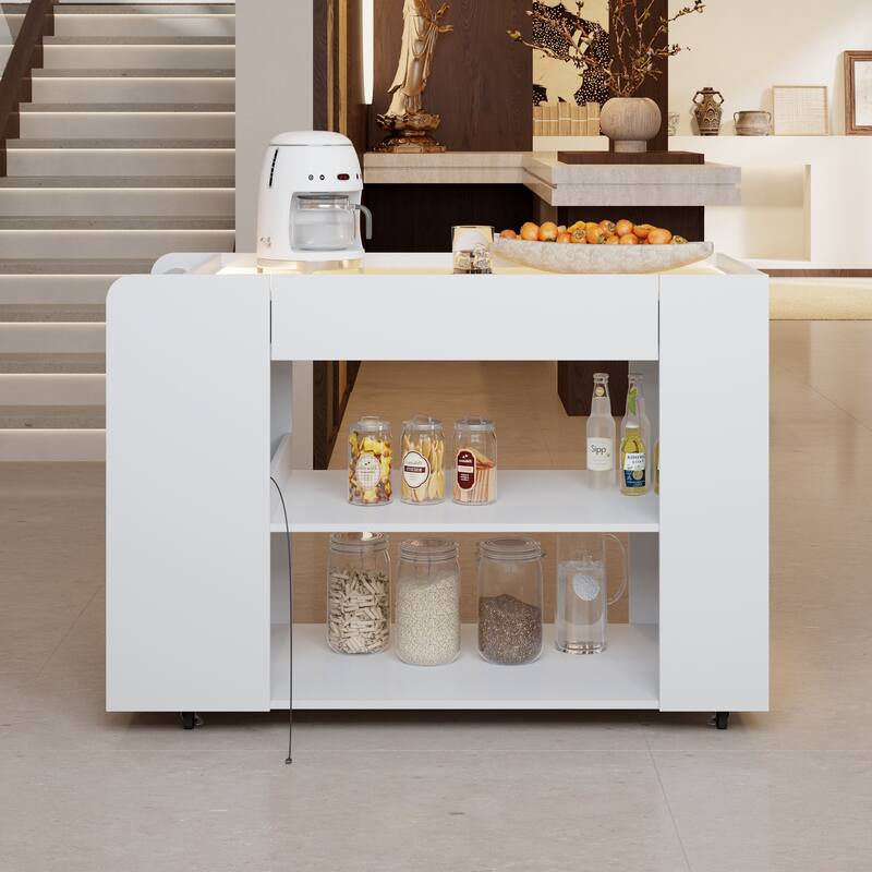 LED Kitchen Island with Tempered Glass Top, Rolling Storage Cabinet with 3-Color Lighting