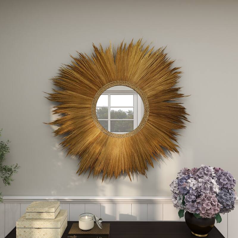 Brown Dried Plant Tribal Inspired Sunburst Grass Room Wall Mirror with Coiled Rope Center - 45 x 2 x 45Round