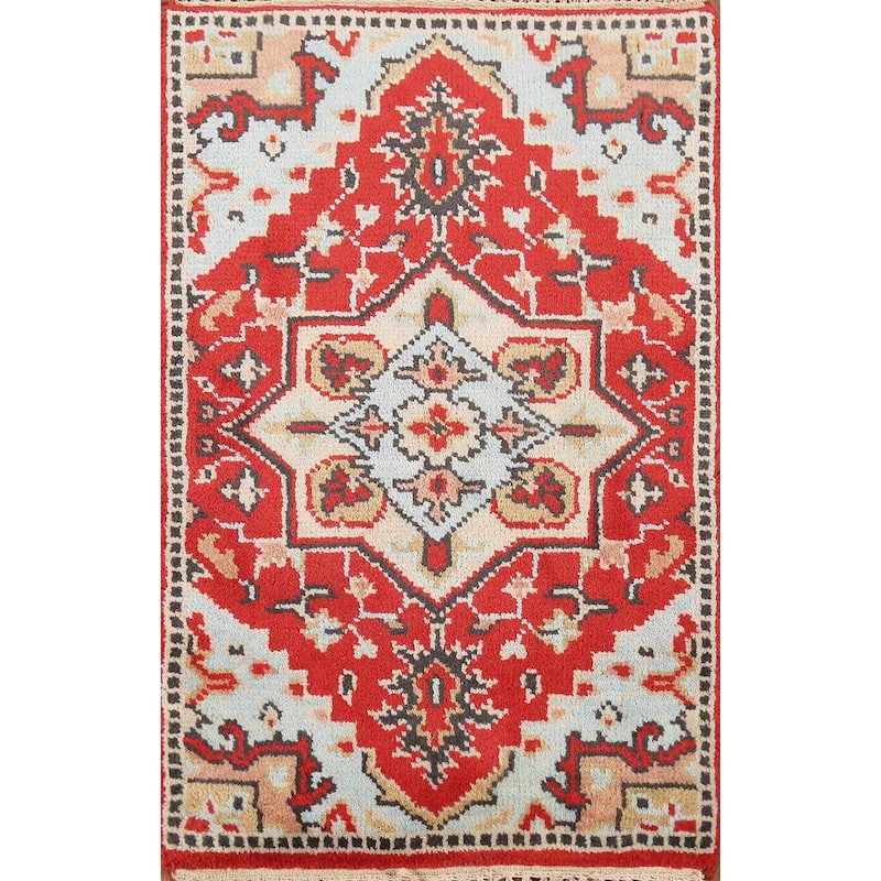 Geometric Red Kazak Indian Accent Rug Hand-Knotted Wool Carpet - 2'0"x 3'0"