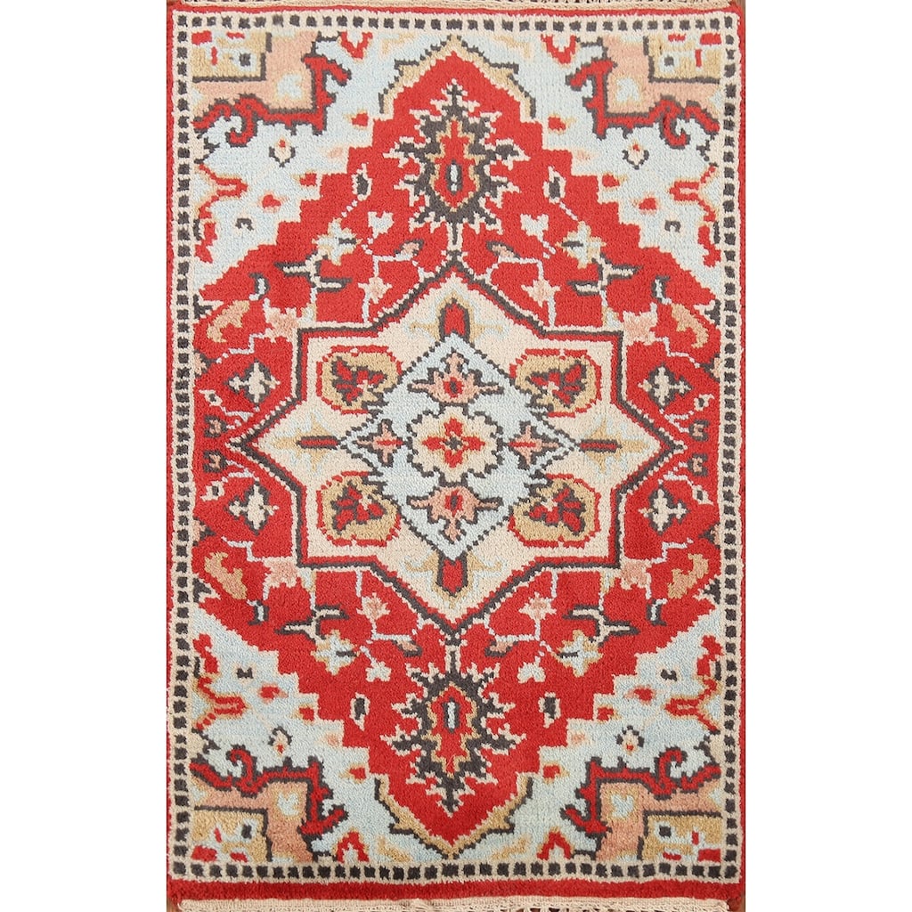 Geometric Red Kazak Indian Accent Rug Hand-Knotted Wool Carpet - 2'0"x 3'0"