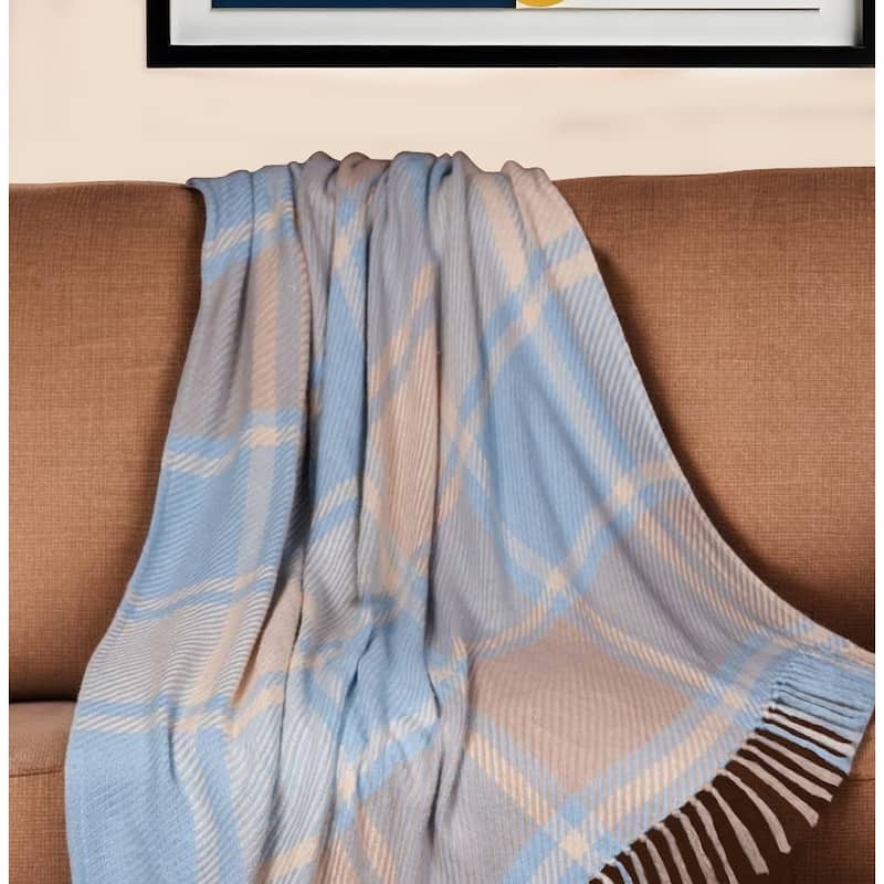 HomeRoots 50" X 60" Blue Gray and Beige Woven Cotton Plaid Throw Blanket with Fringe - Throw - Blue Gray and Beige