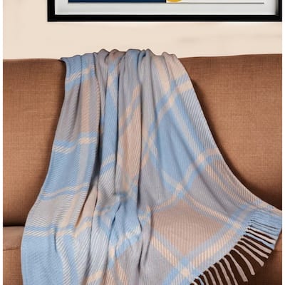 HomeRoots 50" X 60" Blue Gray and Beige Woven Cotton Plaid Throw Blanket with Fringe
