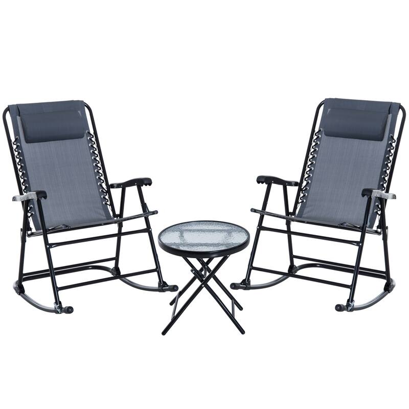 3 Piece Outdoor Rocking Bistro Set, Patio Folding Chair Table Set with Glass Coffee Table for Yard, Patio, Deck, Backyar