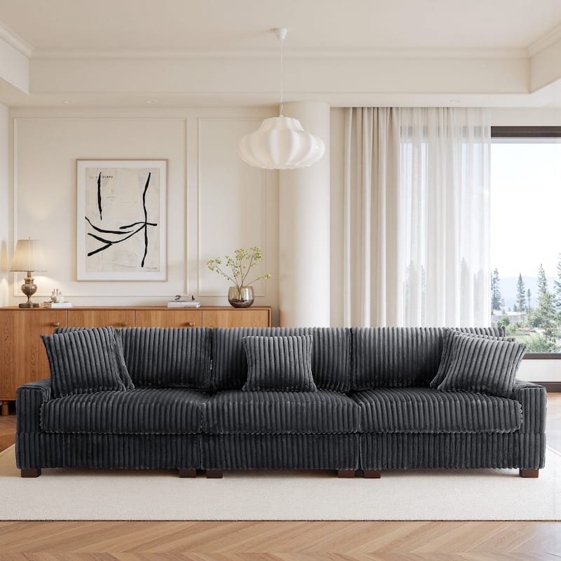 118" W Upholstered Plush Corduroy 3 Seater Sectional Sofa Couch - Light Grey - Symmetrical