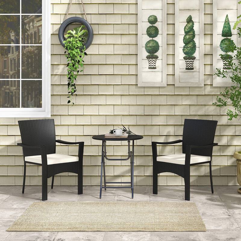 Outsunny 3 Pieces Outdoor PE Rattan Bistro Set with Cushion, Outdoor Patio Furniture Set with Folding Table, Metal Frame Wicker - Black