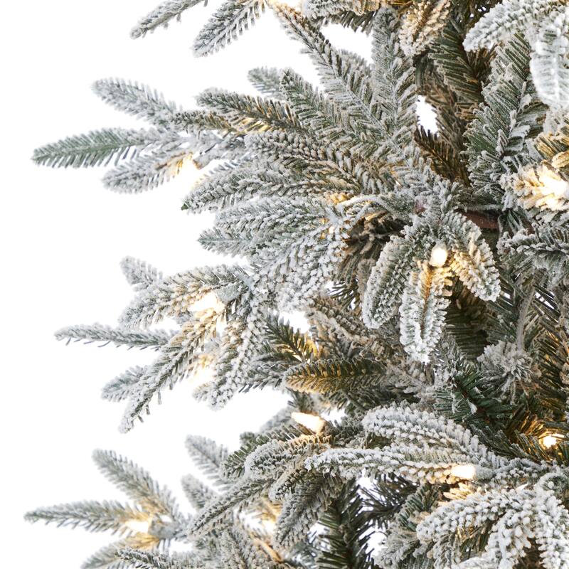 7.5’ Pre-Lit Flocked Manchester Spruce Artificial Christmas Tree, Warm Clear LED Lights - 7 Foot